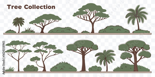 Diverse Tree Collection Illustration with Various Shapes and Bushy Greenery for Landscape Design Elements