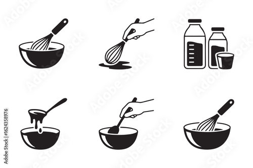 Black and White Icons Set for Food Preparation Processes Including Mixing and Measurement for Recipe Books