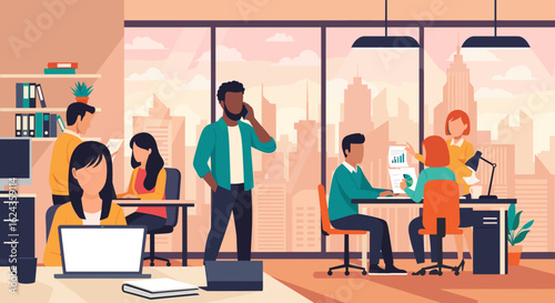 Diverse team collaborating in a modern office with city view - perfect for website banners, brochures, or presentations.