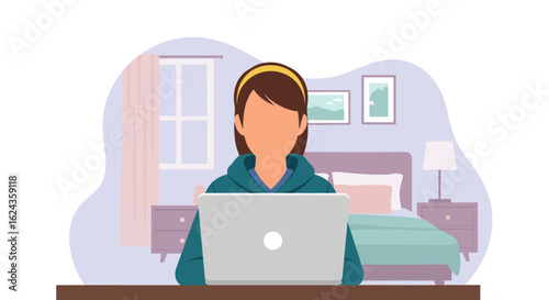 Woman working from home on laptop in bedroom, perfect for remote work, freelance, and online business articles.