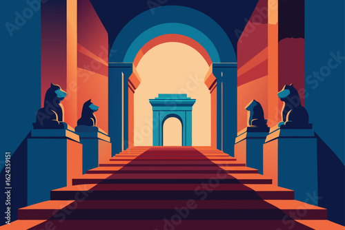 grand entrance with pediment and lion statues  .eps