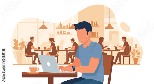Man working on laptop in a cafe, perfect for websites or blogs about remote work, coworking spaces, or coffee shop culture.