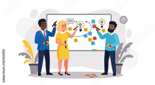 Diverse team brainstorming ideas on a whiteboard, perfect for project management or teamwork presentations.