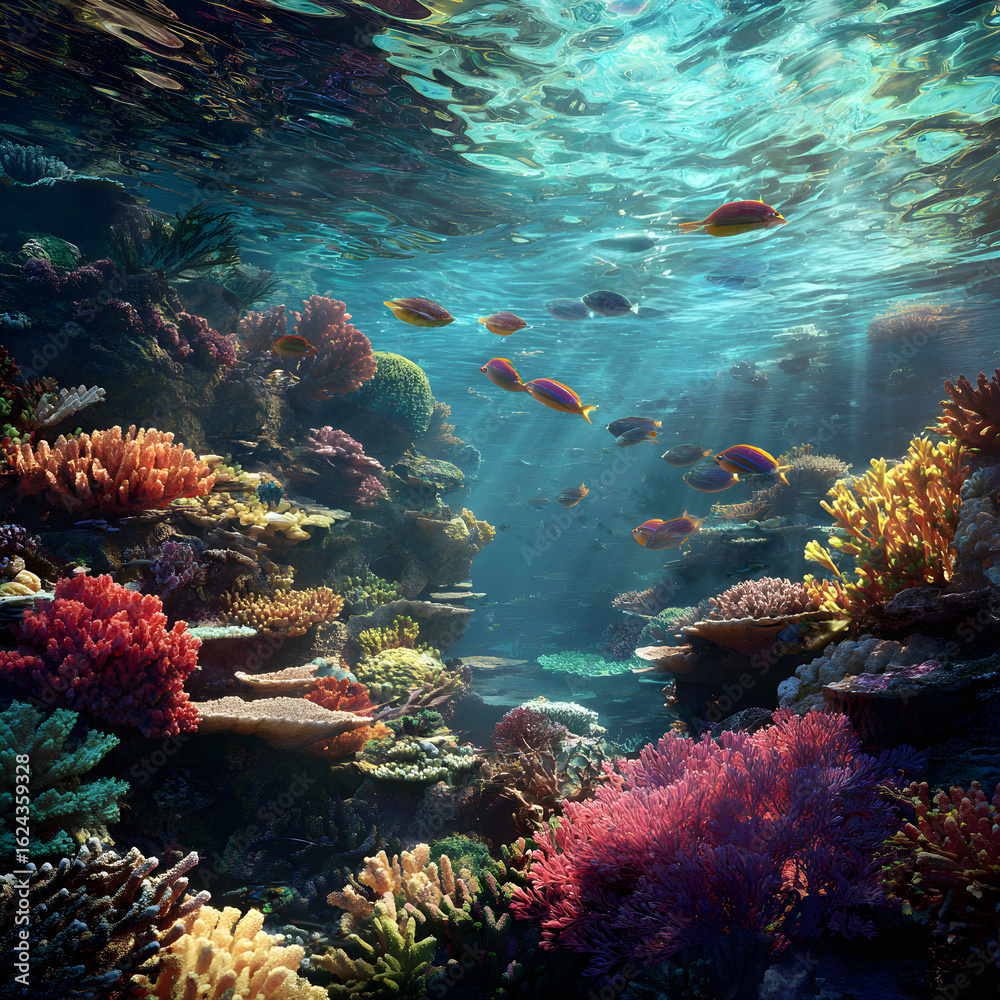 Fototapeta premium Dazzling Underwater Wonders: Exploring the Brilliant Ecosystem of Coral Reefs Teeming with Vibrant Colors and Captivating Marine Life