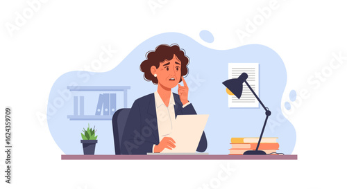 Businesswoman reviewing documents, feeling stressed or thoughtful. Illustration for websites, presentations, or brochures.