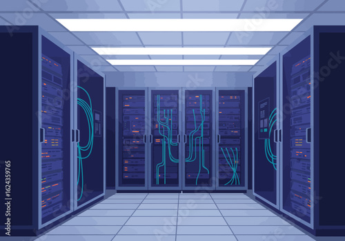 An illustration of a modern data center aisle with rows of server racks and complex, glowing blue wiring.