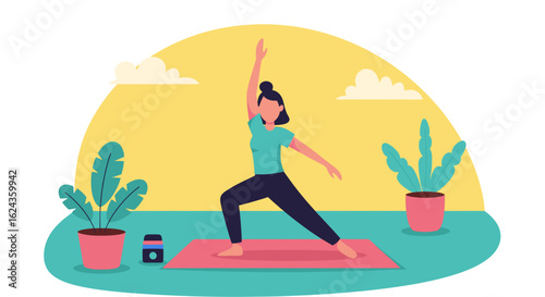 Woman practicing yoga at home; perfect for wellness websites, blogs, or fitness apps.