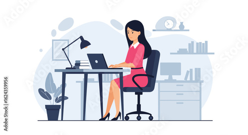 Young businesswoman working on laptop in modern office, perfect for website banners or business brochures.
