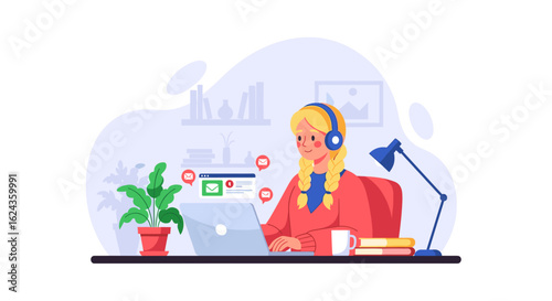 Young woman working from home, using laptop and headset, perfect for website banners or blog posts about remote work.