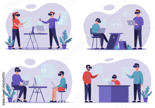 A set of four illustrations showing people using virtual reality headsets for work and interacting with interfaces.