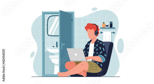 Young man working remotely from home, using laptop in bathroom. Illustration perfect for blog post about remote work or work-life balance.