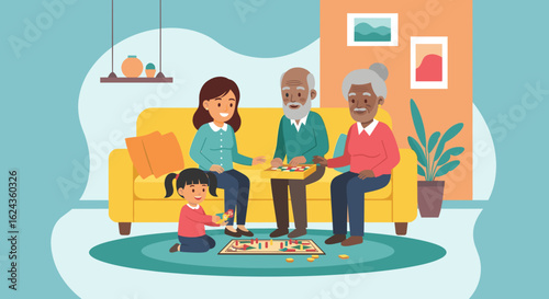 Multigenerational family playing a board game together at home. Perfect for family, bonding, and togetherness concepts.