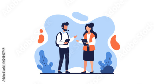 Modern illustration of two colleagues discussing a project, perfect for websites, presentations, or marketing materials.