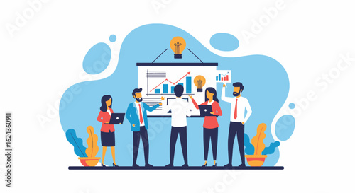 Business team brainstorming, analyzing data and presenting ideas. Ideal for website landing pages, presentations, and marketing materials.