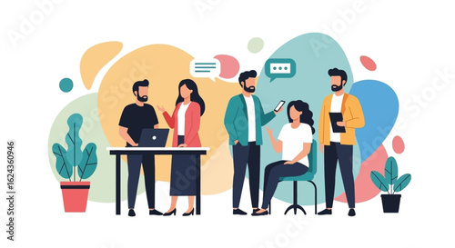 Diverse team collaborating, perfect for website banners, presentations, or brochures illustrating teamwork and communication.