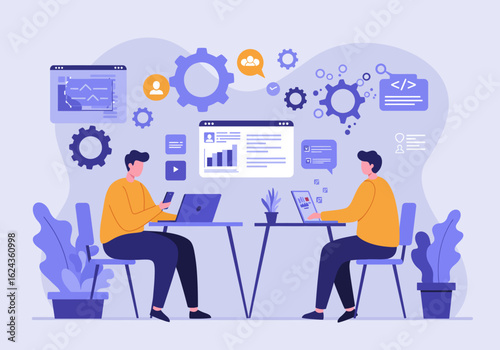 Two developers work at desks with laptops and phones, surrounded by code, graphs, and gears, illustrating software development and teamwork.