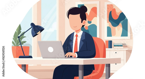 Businessperson working on laptop in modern office, ideal for website banners or corporate brochures.