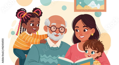 Happy multigenerational family reading a book together - perfect for children's books, family blogs, and websites.