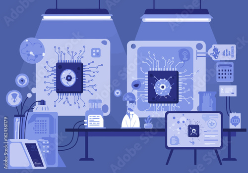 Scientist meticulously examines complex circuitry and AI processors in a high-tech laboratory.