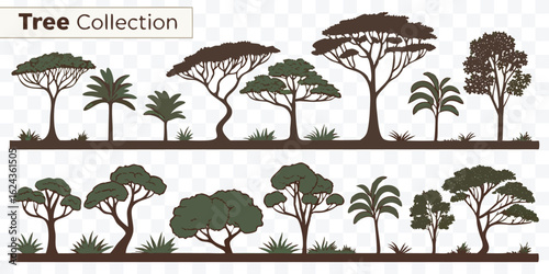 Diverse Tree Silhouettes for Graphic Design Natural Illustration and Landscape Elements in Vector Format Ideal for Nature Themed Designs