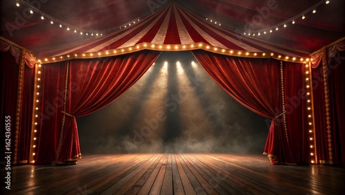 Vintage circus stage with red curtains and spotlight