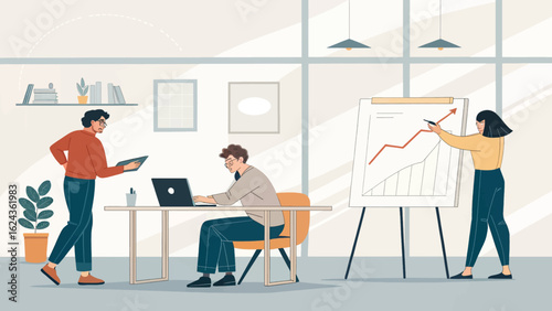 Business team collaborating on a project, presenting growth chart, ideal for website landing page or marketing materials.