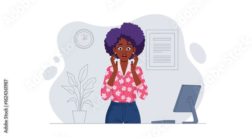Surprised young Black woman in office setting; perfect for websites, social media, or blog posts about stress, deadlines, or unexpected news.