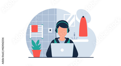 Person working on laptop in bathroom, illustration for blog post about remote work or work-life balance.