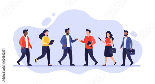 Diverse business team walking and collaborating, perfect for website banners or presentations.