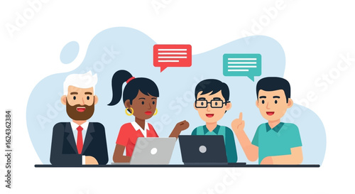 Diverse team collaborating on laptops, perfect for websites or presentations about teamwork, communication, and brainstorming.