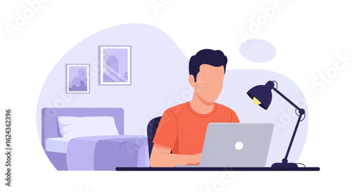 Man working on laptop in bedroom, perfect for websites or blogs about remote work, freelancing, or work-life balance.