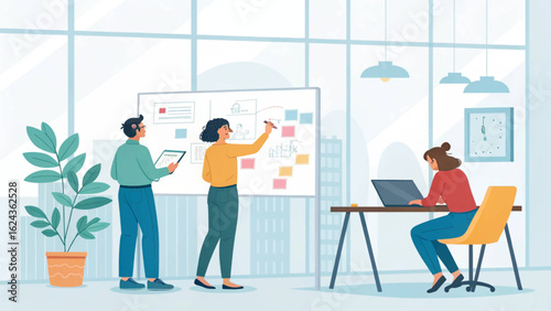 Team brainstorming session in a modern office, ideal for project management or teamwork presentations.