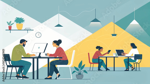 Diverse team collaborating in a modern co-working space. Ideal for website banners, marketing materials, or presentations about teamwork.