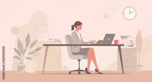 Businesswoman working at her desk, laptop, documents, perfect for website landing pages or business brochures.