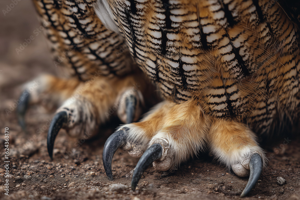 Fototapeta premium Close-up of an owl's feathered feet and talons