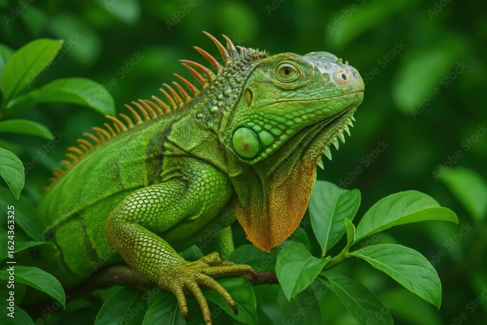 A vibrant green iguana with orange spines perches on a lush leafy backdrop, embodying the essence of tropical wildlife A vibrant green iguana with orange spines perches on a lush leafy backdrop, embodying the essence of tropical wildlife