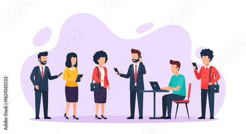 Diverse business team working together, using laptops and smartphones. Ideal for website banners, presentations, and marketing materials.