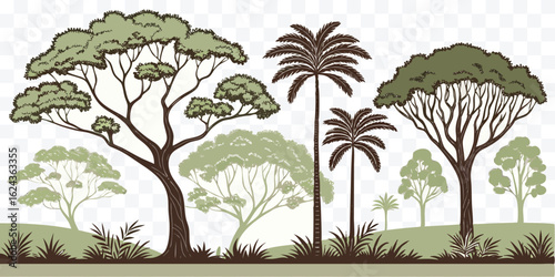 Illustration of a diverse forest landscape with various tree types creating a natural scenery ideal for backgrounds and designs