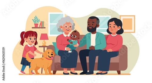 Happy multigenerational family with dog at home. Perfect for family, love, togetherness, and generational concepts.