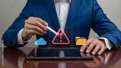 Man in blue suit uses stylus on tablet displaying digital warning, cloud, and folder icons for data security