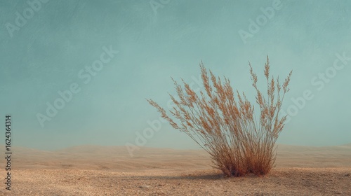 A solitary bunch of dried grass stands resiliently in a sandy desert landscape under a pale blue sky, evoking a sense of peaceful isolation and natural beauty.