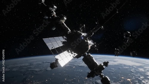 Broken Solar Panels on Long Silent Station Rotating Over Earth
