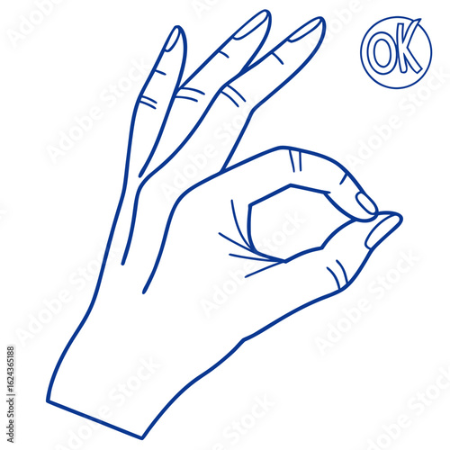 Blue line art hand gesture showing ok sign with ok symbol