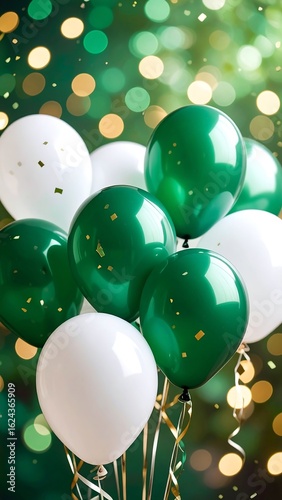 Festive white and green balloons against a sparkling background