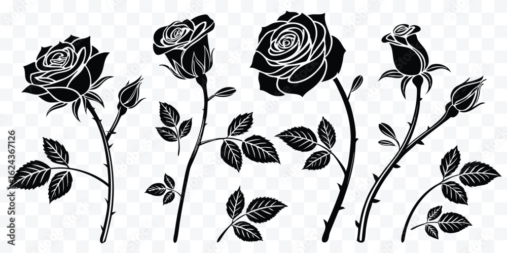 Fototapeta premium Elegant Black and White Rose Illustration Set for Graphic Design Projects and Creative Decorations Perfect for Wedding Invitations and Tattoo Designs