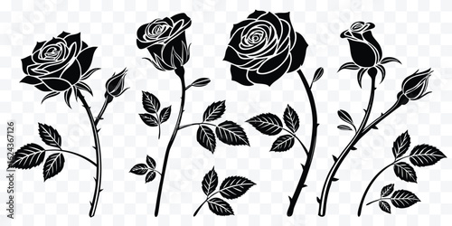 Elegant Black and White Rose Illustration Set for Graphic Design Projects and Creative Decorations Perfect for Wedding Invitations and Tattoo Designs