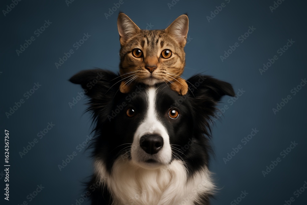 Fototapeta premium A cute brown tabby cat sits atop a black and white Border Collie dog, concept for pet adoption, animal companionship and veterinary advertising