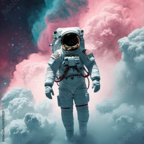 Astronaut in Surreal Pink and Teal Nebula Cloudscape