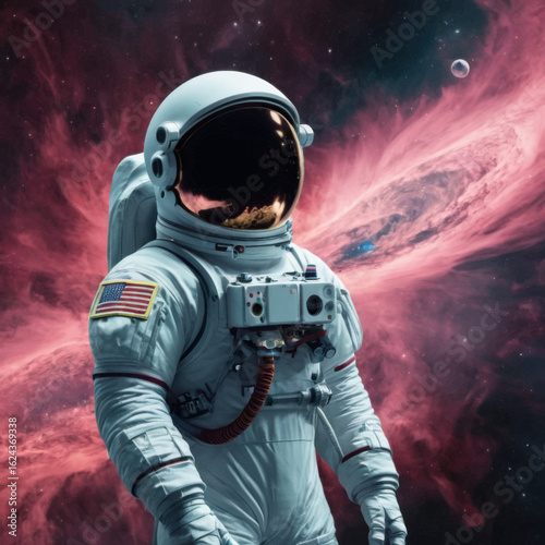 Astronaut in Space with American Flag Patch, Nebula Background, and Moon