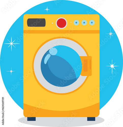 Stylized yellow front loading washing machine with blue accents laundry appliance